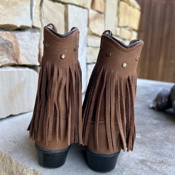 Old West leather round toe western brown fringe kids boots Sz-7.0D.   J - Picture 4 of 11